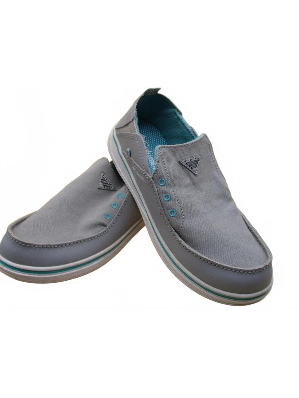 Columbia PFG Grey Canvas Slip On Casual Shoes Womens Size 5 Turquoise Trim